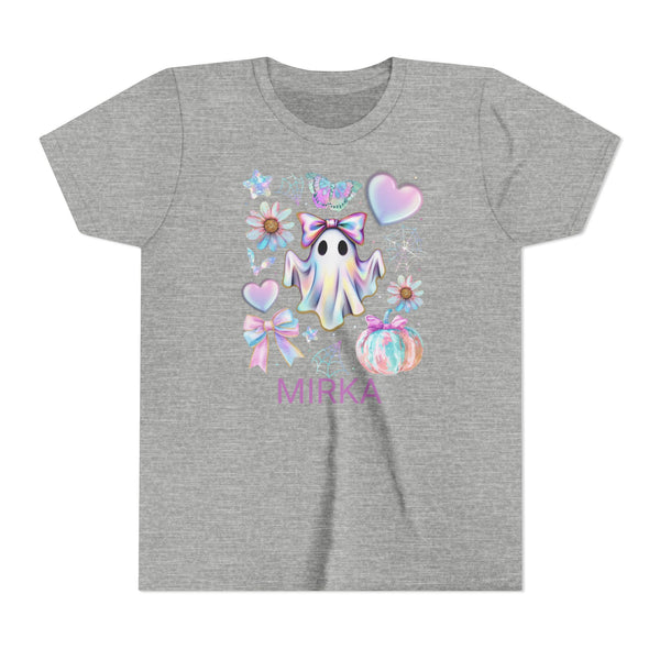 Girls Halloween Shirt, Cute Pumpkin Ghost Coquette Girls Shirt, Cute Iridescent Ghost Shirt Retro Halloween Tee Ghost Bow T-Shirt Girl Gifts