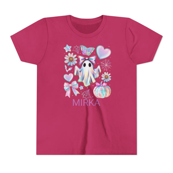 Girls Halloween Shirt, Cute Pumpkin Ghost Coquette Girls Shirt, Cute Iridescent Ghost Shirt Retro Halloween Tee Ghost Bow T-Shirt Girl Gifts