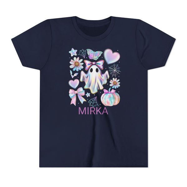 Girls Halloween Shirt, Cute Pumpkin Ghost Coquette Girls Shirt, Cute Iridescent Ghost Shirt Retro Halloween Tee Ghost Bow T-Shirt Girl Gifts