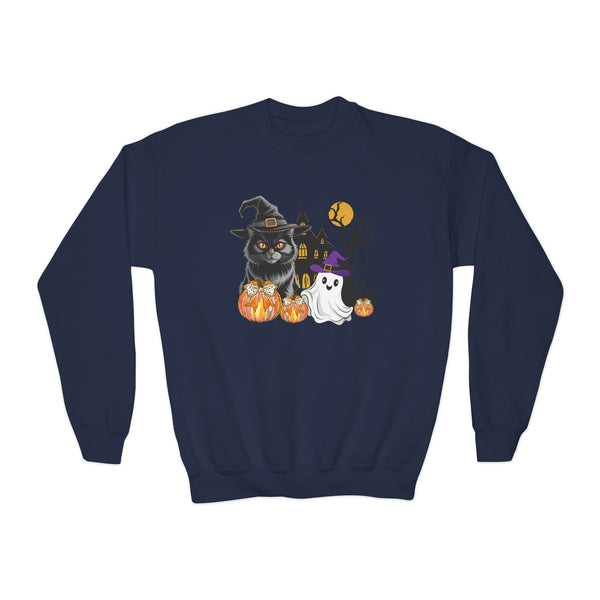 Cat Halloween Sweatshirt, Kids Ghost Cat Shirt Cat Lover Sweatshirt Halloween Sweater Halloween Cat Shirt Black Youth Vintage Cat Sweatshirt