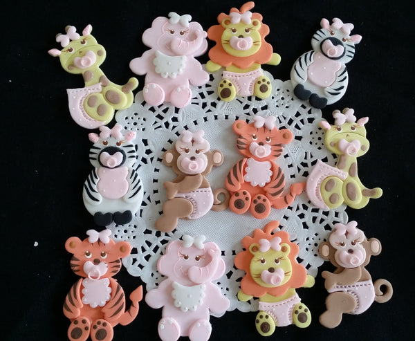 Baby Animals Figurines for Jungle and Safari Decorations with pink or blue details 12 pcs - C T B