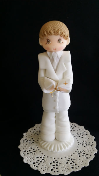 First Communion Cake topper and keepsake Communion Boy or Girl with a white Rosary - C T B