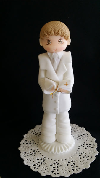 First Communion Cake topper and keepsake Communion Boy or Girl with a white Rosary