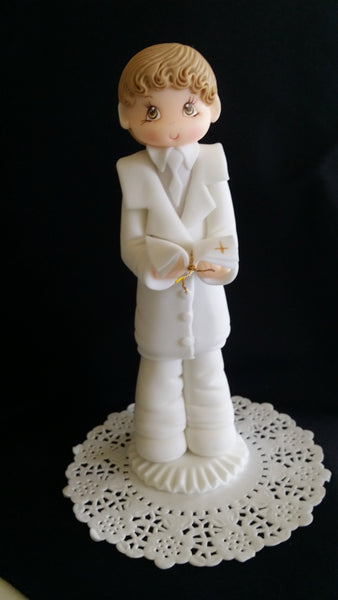 First Communion Cake topper and keepsake Communion Boy or Girl with a white Rosary - C T B