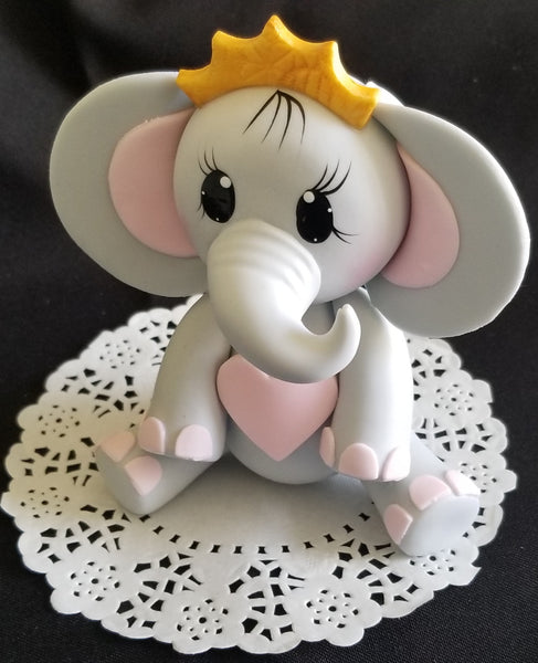 Prince or Princess Elephant Cake Decoration with Gold or Silver Crown a Blue or Pink Heart
