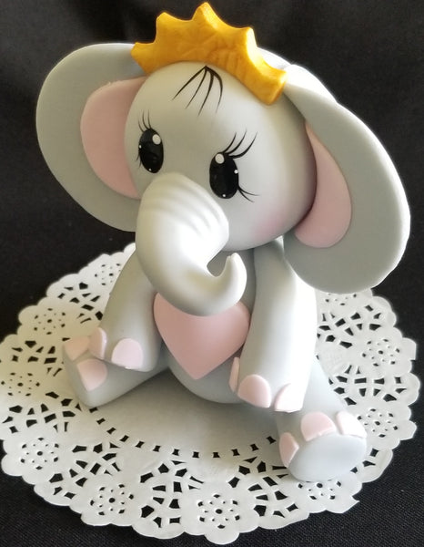 Prince or Princess Elephant Cake Decoration with Gold or Silver Crown a Blue or Pink Heart