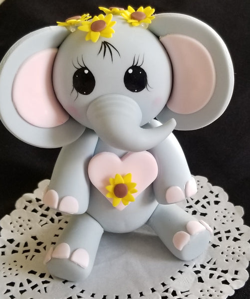 Elephant Cake Topper Baby Shower Elephant in Gray With Sunflower Crown