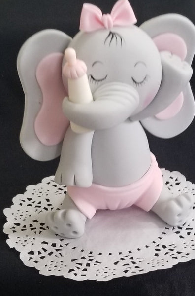 Baby Elephant Cake Topper in Gray with Pink, Yellow or Blue Decoration