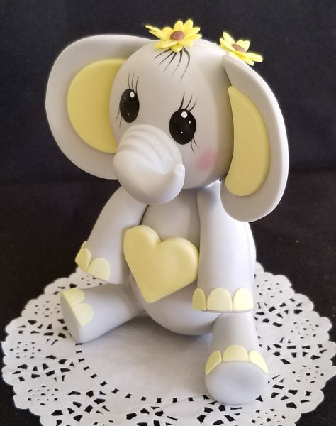 Elephant Cake Topper Baby Shower Elephant in Gray With Sunflower Crown