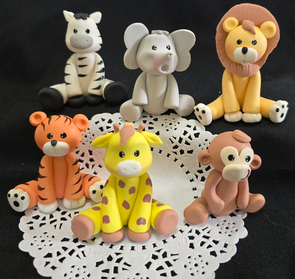 Jungle Cake Topper Safari Baby Zoo Animals Elephant Lion Giraffe Zebra Monkey Palm 6pcs - C T B
