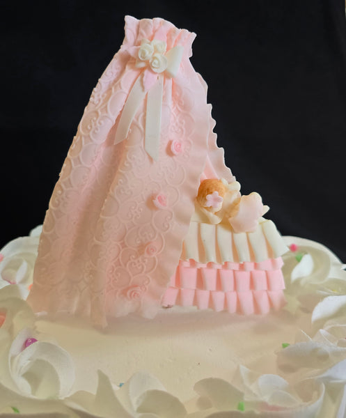 Baby Shower Cake Topper Baby on Bassinet Cake Decoration Baby in White Pink or Blue Crib - C T B