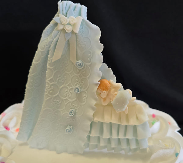 Baby Shower Cake Topper Baby on Bassinet Cake Decoration Baby in White Pink or Blue Crib - C T B