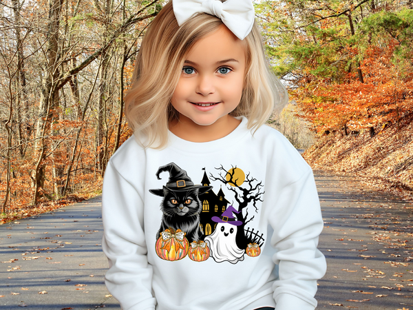 Cat Halloween Sweatshirt, Kids Ghost Cat Shirt Cat Lover Sweatshirt Halloween Sweater Halloween Cat Shirt Black Youth Vintage Cat Sweatshirt