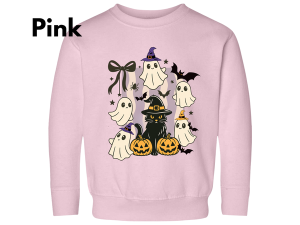 Halloween Ghost Cat Sweatshirt, Halloween Black Cat Winter Shirt Toddler Ghost Spooky Season Outfit Halloween Cute Sweater Halloween Gifts