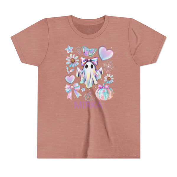 Girls Halloween Shirt, Cute Pumpkin Ghost Coquette Girls Shirt, Cute Iridescent Ghost Shirt Retro Halloween Tee Ghost Bow T-Shirt Girl Gifts