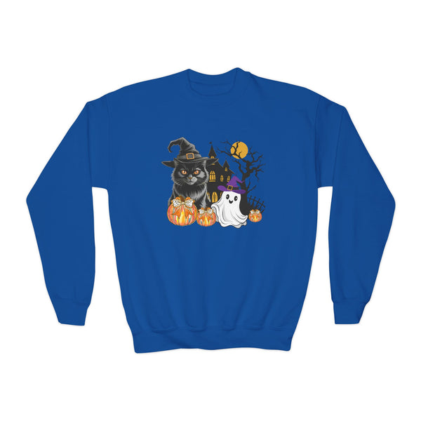 Cat Halloween Sweatshirt, Kids Ghost Cat Shirt Cat Lover Sweatshirt Halloween Sweater Halloween Cat Shirt Black Youth Vintage Cat Sweatshirt