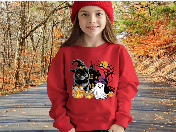 Cat Halloween Sweatshirt, Kids Ghost Cat Shirt Cat Lover Sweatshirt Halloween Sweater Halloween Cat Shirt Black Youth Vintage Cat Sweatshirt