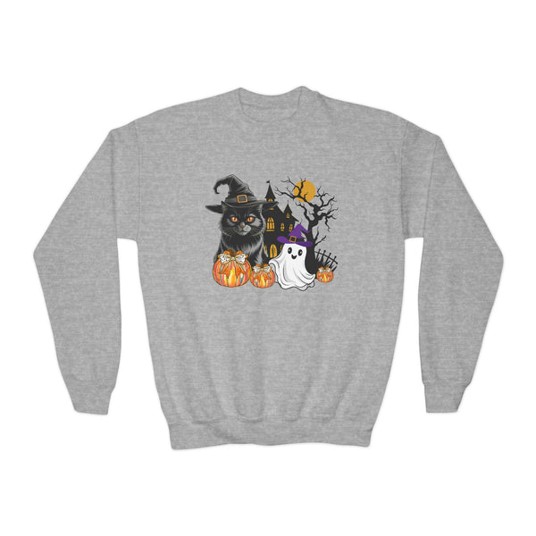 Cat Halloween Sweatshirt, Kids Ghost Cat Shirt Cat Lover Sweatshirt Halloween Sweater Halloween Cat Shirt Black Youth Vintage Cat Sweatshirt