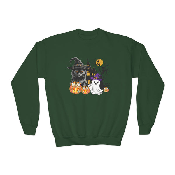 Cat Halloween Sweatshirt, Kids Ghost Cat Shirt Cat Lover Sweatshirt Halloween Sweater Halloween Cat Shirt Black Youth Vintage Cat Sweatshirt