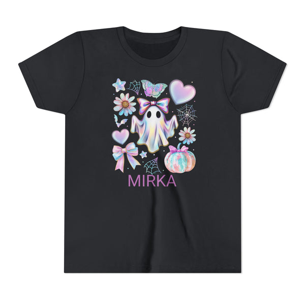 Girls Halloween Shirt, Cute Pumpkin Ghost Coquette Girls Shirt, Cute Iridescent Ghost Shirt Retro Halloween Tee Ghost Bow T-Shirt Girl Gifts