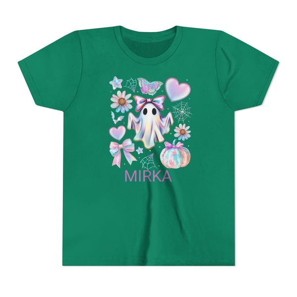 Girls Halloween Shirt, Cute Pumpkin Ghost Coquette Girls Shirt, Cute Iridescent Ghost Shirt Retro Halloween Tee Ghost Bow T-Shirt Girl Gifts