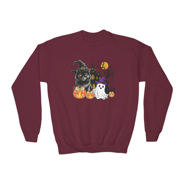 Cat Halloween Sweatshirt, Kids Ghost Cat Shirt Cat Lover Sweatshirt Halloween Sweater Halloween Cat Shirt Black Youth Vintage Cat Sweatshirt