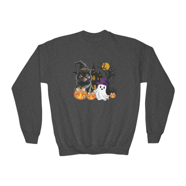 Cat Halloween Sweatshirt, Kids Ghost Cat Shirt Cat Lover Sweatshirt Halloween Sweater Halloween Cat Shirt Black Youth Vintage Cat Sweatshirt