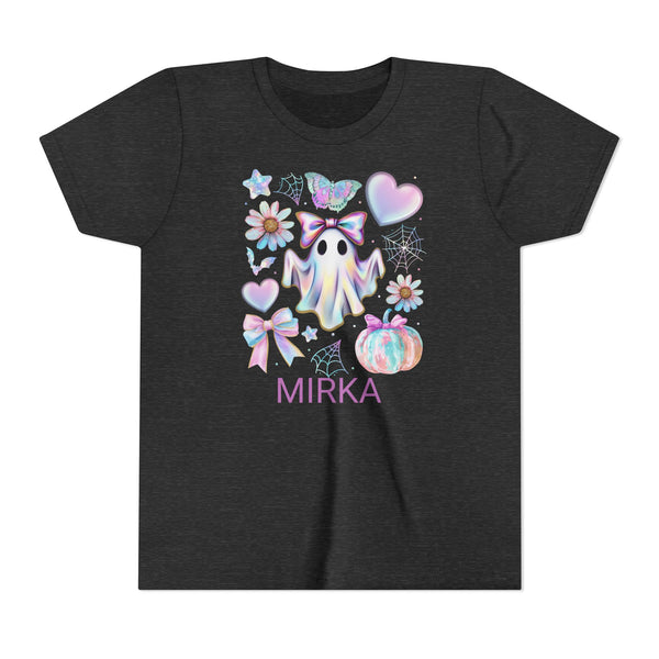Girls Halloween Shirt, Cute Pumpkin Ghost Coquette Girls Shirt, Cute Iridescent Ghost Shirt Retro Halloween Tee Ghost Bow T-Shirt Girl Gifts