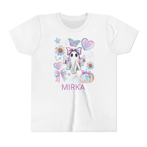 Girls Halloween Shirt, Cute Pumpkin Ghost Coquette Girls Shirt, Cute Iridescent Ghost Shirt Retro Halloween Tee Ghost Bow T-Shirt Girl Gifts