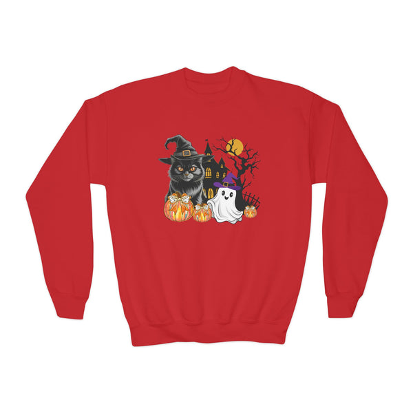 Cat Halloween Sweatshirt, Kids Ghost Cat Shirt Cat Lover Sweatshirt Halloween Sweater Halloween Cat Shirt Black Youth Vintage Cat Sweatshirt