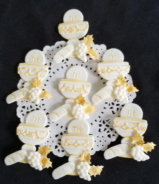 Chalice Cupcake Toppers Communion Figurines White and Gold Chalice Favors 12pcs