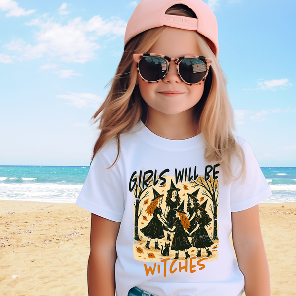 Girls Will Be Witches Shirt Vintage Halloween Witch Tee Funny Witch Tee Halloween Youth T-Shirt Witchy Vibes Shirt Halloween Witch Girls Top