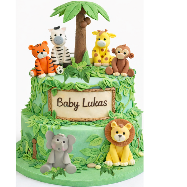 Jungle Cake Topper Safari Baby Zoo Animals Elephant Lion Giraffe Zebra Monkey Palm 6pcs - C T B