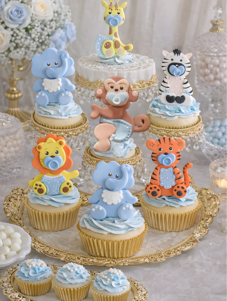 Elephant Giraffe Monkey Zebra Tiger Lion Cupcake Topper Baby Animals Cake Decoration Blue or Pink