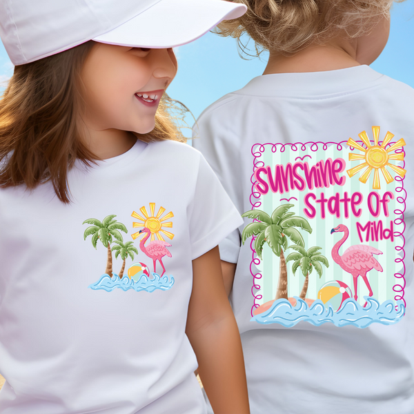 Sunshine State of Mind Shirt, Custom Summer Vibes T Shirt, Trendy Summer Coquette Tee, Girls Retro Beach Shirts Sunshine Palm Flamingo Shirt