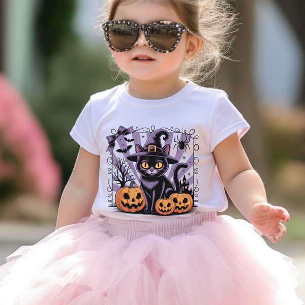 Girl Halloween Black Cat Shirt Toddler Halloween Cat Shirt, Cute Cat and Bow Girls Pumpkin Patch Tee, Treat Trick Tshirt Gift Spooky Cat Tee