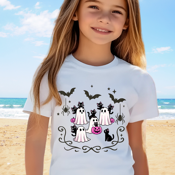 Ghost Cat Shirt, Girls Halloween T-Shirt, Halloween Ghost Cat Shirts Funny Black Cat Halloween Tee Cats Lovers Gift Youth Trick Treat Tshirt