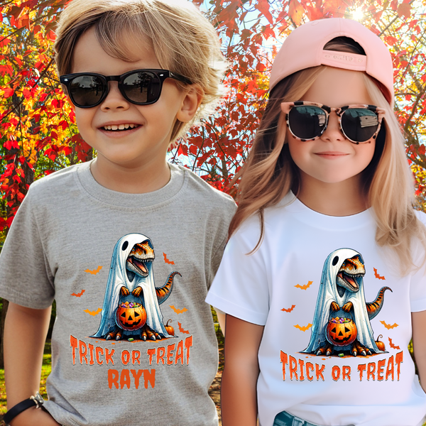 Personalized Name Boys Halloween Shirt T Rex Dinosaur Lover Gifts Toddler Shirt Halloween T-Rex Shirt Dino Ghost T-Shirt Halloween Party Tee