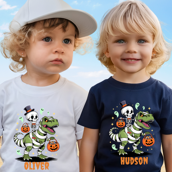 Halloween Kids Shirt, Personalized Dinosaur T Shirt, Custom Dino Shirts Ghost Dinosaur Shirts Kids Spooky Skeleton Trick Treat Halloween Tee