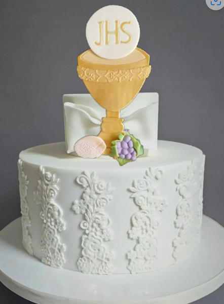 First Communion & Baptism Chalice Cake Decoration Chalice Pick in Gold with Details of Bread, Grapes and JHS symbol