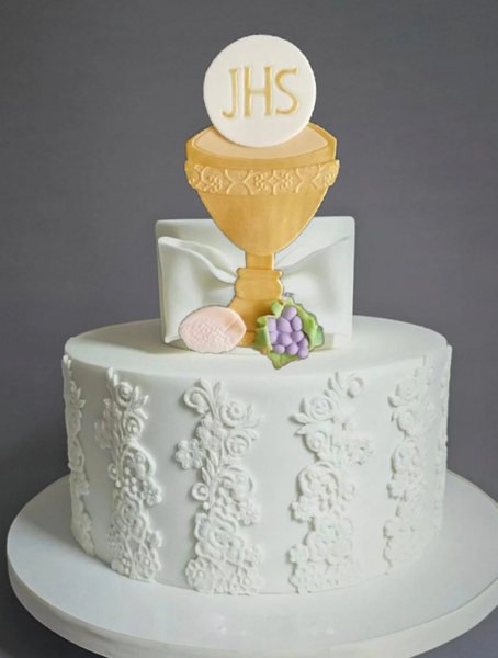 First Communion & Baptism Chalice Cake Decoration Chalice Pick in Gold with Details of Bread, Grapes and JHS symbol