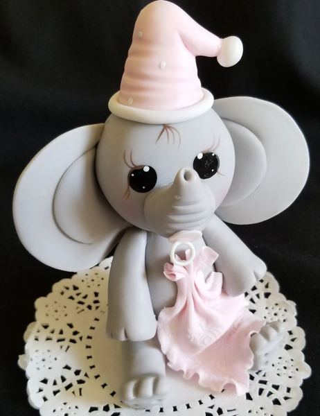 Elephant Cake Topper Elephant Cake Decoration Baby Elephant w Blanket, Pacifier and Hat in Gray with Pink, Yellow or Blue Details
