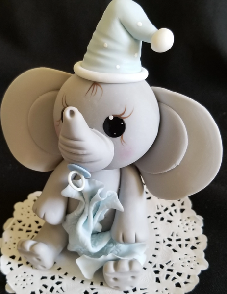 Elephant Cake Topper Elephant Cake Decoration Baby Elephant w Blanket, Pacifier and Hat in Gray with Pink, Yellow or Blue Details