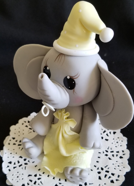 Elephant Cake Topper Elephant Cake Decoration Baby Elephant w Blanket, Pacifier and Hat in Gray with Pink, Yellow or Blue Details