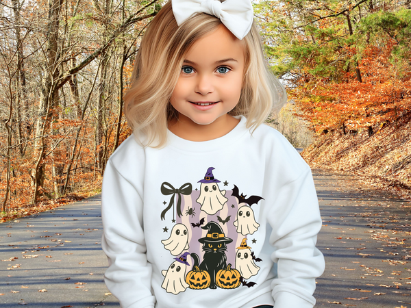 Halloween Ghost Cat Sweatshirt, Halloween Black Cat Winter Shirt Toddler Ghost Spooky Season Outfit Halloween Cute Sweater Halloween Gifts