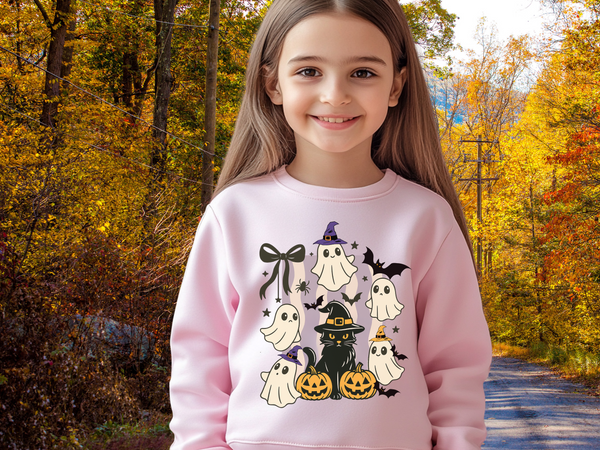 Halloween Ghost Cat Sweatshirt, Halloween Black Cat Winter Shirt Toddler Ghost Spooky Season Outfit Halloween Cute Sweater Halloween Gifts