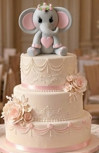Elephant Cake Topper Baby Shower Elephant in Gray and Pink with Head Crowns
