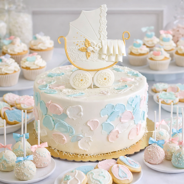 Baby Shower Cake Topper, Baby Carriage Cake Decoration in Pink White and Blue