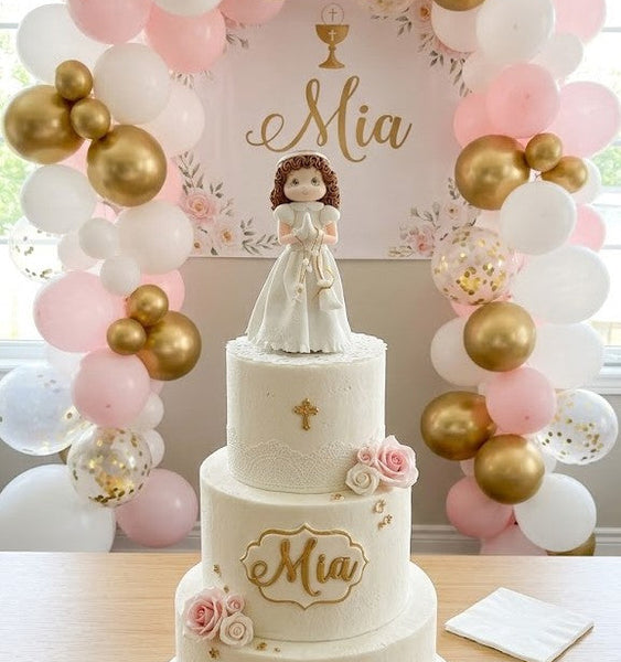 First Communion Cake topper and keepsake Communion Boy or Girl with a white Rosary - C T B