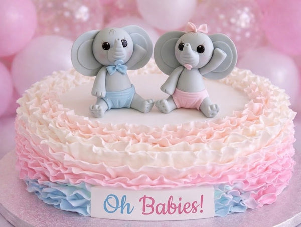 Elephant Cake Topper in Gray with Pink, Yellow or Blue Decorations For Baby Showers and Birthdays - C T B